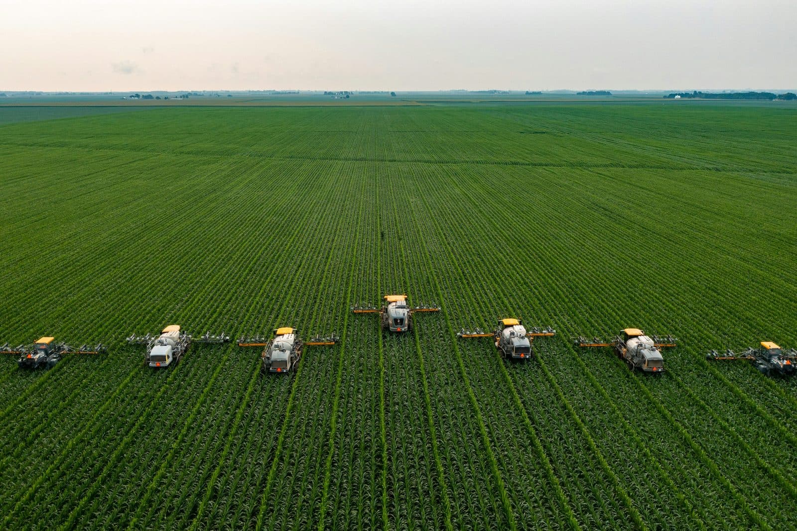 Aerial view of a fleet of autonomous farm robots advancing in line across a field crop.